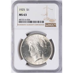 1925 $1 Peace Silver Dollar Coin NGC MS63