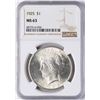 Image 1 : 1925 $1 Peace Silver Dollar Coin NGC MS63