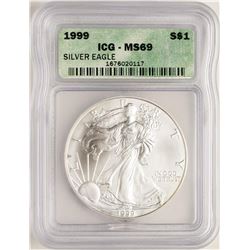 1999 $1 American Silver Eagle Coin ICG MS69