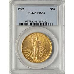 1922 $20 St. Gaudens Double Eagle Gold Coin PCGS MS63