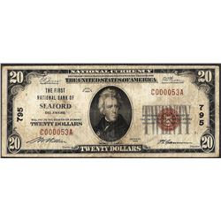 1929 $20 National Currency Note First NB of Seaford, DE Ch# 795