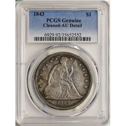 1843 $1 Liberty Seated Silver Dollar Coin PCGS AU Detail Nice Toning