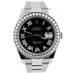 Rolex Mens Datejust II Stainless Steel 41mm Black Diamond Roman Dial Diamond Wat
