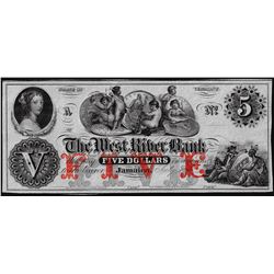 1800's $5 The West River Bank Obsolete Note
