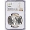 Image 1 : 1922 $1 Peace Silver Dollar Coin NGC MS63