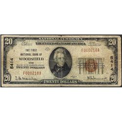 1929 $20 First NB of Woodsfield, OH CH# 5414 National Currency Note