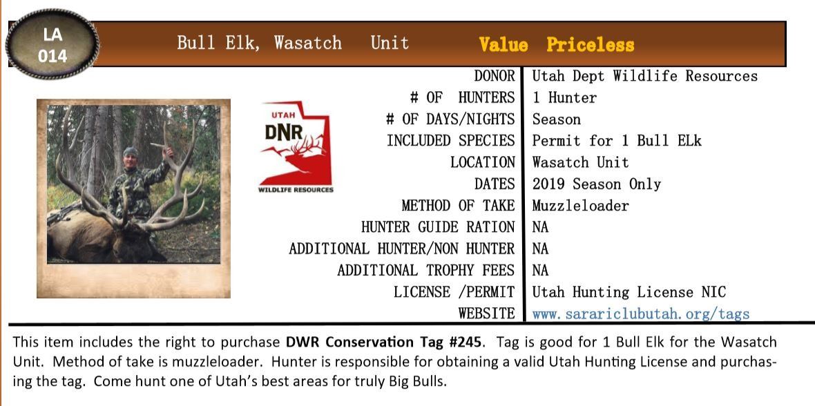 Utah Tag 2019 Utah Wasatch Unit Bull Elk Muzzleloader Tag