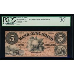 1860 $5 Bank of St Johns Obsolete Note PCGS 30