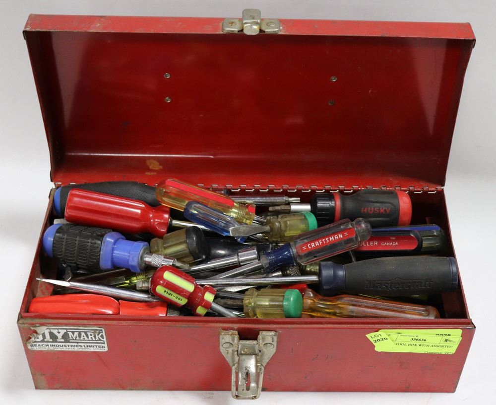 SMALL TOOL BOX WITH ASSORTED TOOLS.