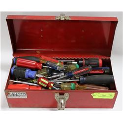 SMALL TOOL BOX WITH ASSORTED TOOLS.