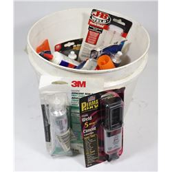 BUCKET OF WELDING & CARPENTRY ITEMS.