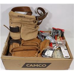 FLAT WITH ASSORTED CABLE CLAMPS, TOOL BELTS AND