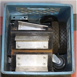 BIN WITH 2 SPECIALIZED DOLLIES, WHEELS AND CASTORS
