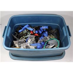 BIN OF ASST BUNGIES, RATCHET STRAPS AND MORE.