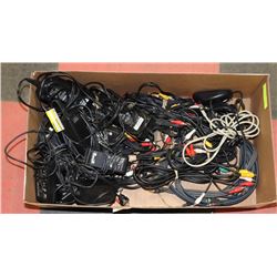 LARGE BOX OF ASSORTED AV CABLES, CHARGERS,