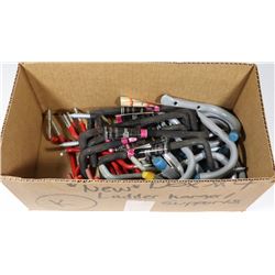 BOX WITH GARAGE HOOKS & TOOL HANGERS.