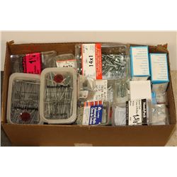 BOX WITH ASSORTED NAILS, SCREWS AND MORE.