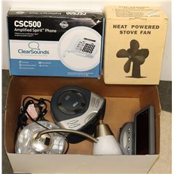 BOX WITH CLOCK RADIOS, OVEN FAN AND PHONE
