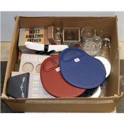 BOX OF ASSORTED INCLUDING GLASS MUGS, MOUSE PADS