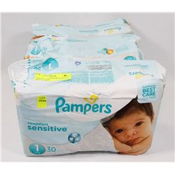 3 PACKS OF 30 PAMPERS SENSITIVE SIZE 1 DIAPERS