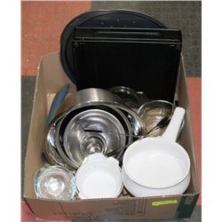 BOX W/KITCHENWARE INCL. S.S. BOWLS,