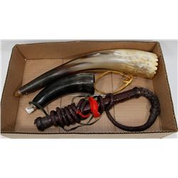 VINTAGE DRINKING HORN, BLOWING HORN, LEATHER WHIP.