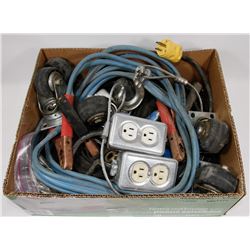 BOX OF WINCH CABLES, POWER CABLES, WHEELS,