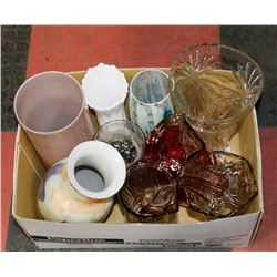 BOX OF DECORATIVE VASES, INCLUDING CRANBERRY