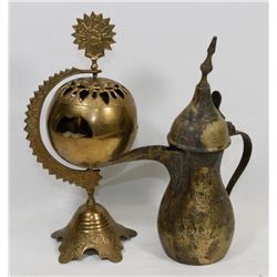VINTAGE BRASS ISLAMIC TEA POT AND BRASS ASHTRAY.