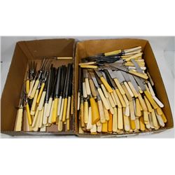 TWO BOXES W/VINTAGE/ANTIQUE KNIVES, SHARPENERS ETC