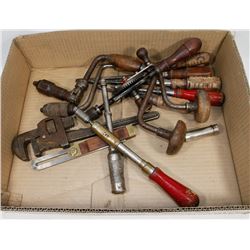 VINTAGE HAND DRILLS, SCREWDRIVERS, PIPE WRENCH ETC