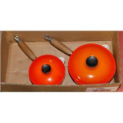 VINTAGE LE CREUSET ENAMEL CAST IRON, WOOD HANDLES.