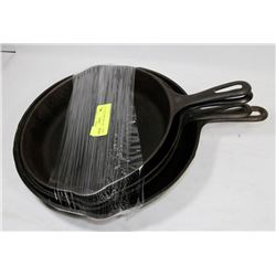 SET OF 4 CAST IRON SKILLETS. 12”, 10” AND 8”.
