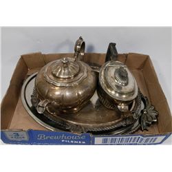 FLAT OF SILVER PLATED DISHWARE/SERVING SETS.