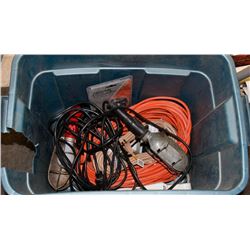 BOX OF EXTENSION CORDS, TREBLE LIGHTS AND MORE.