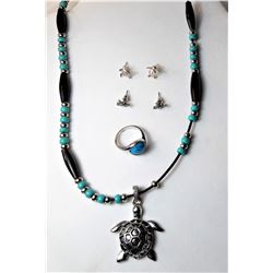 17)  SILVER TONE, TURQUOISE & HEMATITE