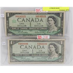LOT OF 2 CANADA $1 BILLS 1967,1954, POKER HAND