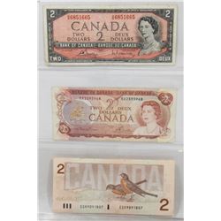 LOT OF 3 CANADA $2 BILLS, 1954, 1974, 1986
