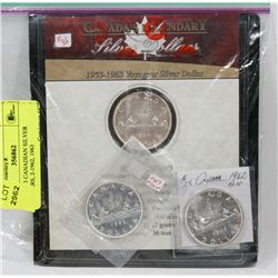 LOT OF 3 CANADIAN SILVER  DOLLARS, 2-1962, 1963