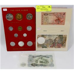 LOT OF ASSORTED WORLD CURRENCY BILLS AND COINS
