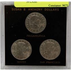 LOT OF 3 USA SUSAN B ANTHONY $1 COINS IN CASE