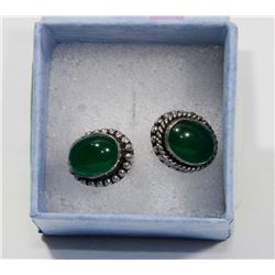 SILVER TONED GREEN ONYX STUD EARRINGS