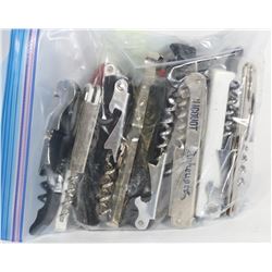 BAG OF ASSORTED CORKSCREWS AND BOTTLE OPENERS.