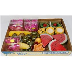 FLAT OF 44 UNIQUE WAX CANDLES.