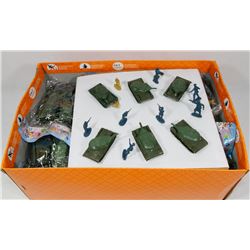 BOX OF NEW PLASTIC TOY SOLDIERS AND TANKS.