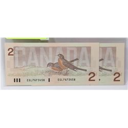 GEM UNC CONSECUTIVE SN # PAIR 1986 ROBIN $2 BILLS