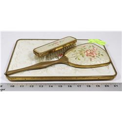 VINTAGE VANITY SET, MIRROR AND BRUSH.