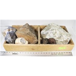 WOOD BOX W/3 LARGE CARVING STONES -