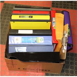 BOX FULL OF BINDERS, ENVELOPES, FILE TRAY,