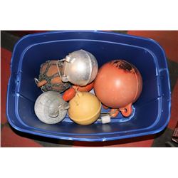 BOX W/ ALUMINUM AND PLASTIC BUOYS. 12” AND 8”.